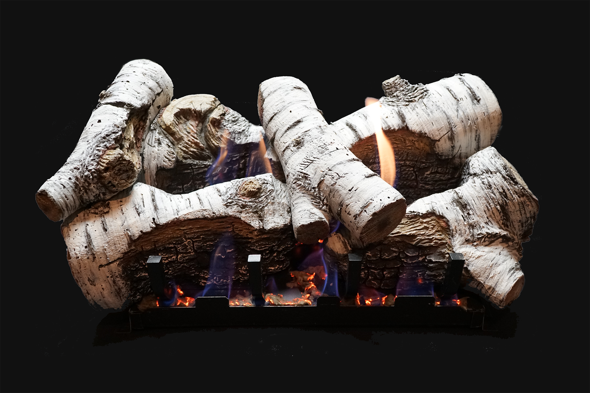 Birch Burncrete® 18-inch Log Set shown with Vent-Free Slope Glaze Burner System